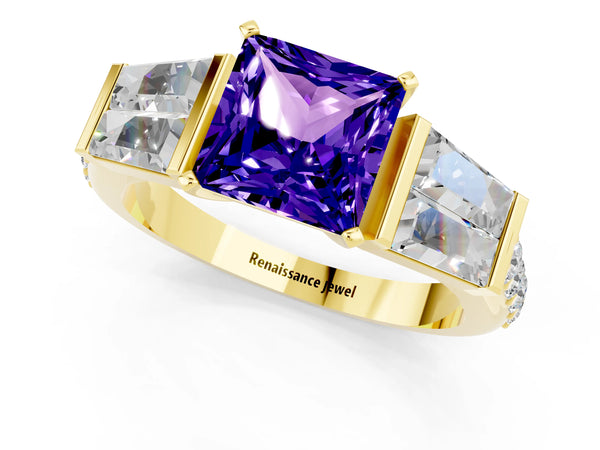 Yellow gold Princess Cut Tanzanite Engagement Ring with Baguette Side Stones and Channel Set Band