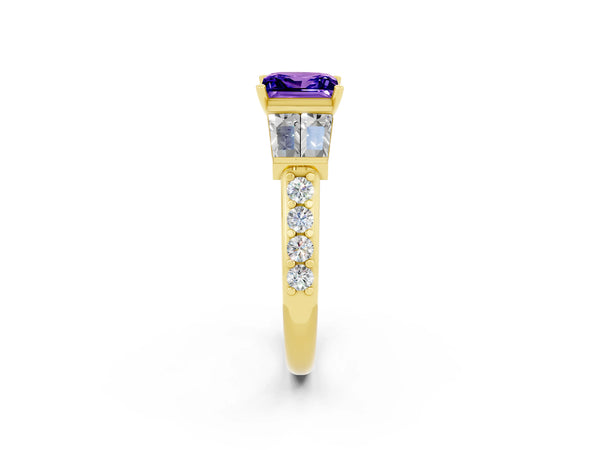 Yellow gold Princess Cut Tanzanite Engagement Ring with Baguette Side Stones and Channel Set Band