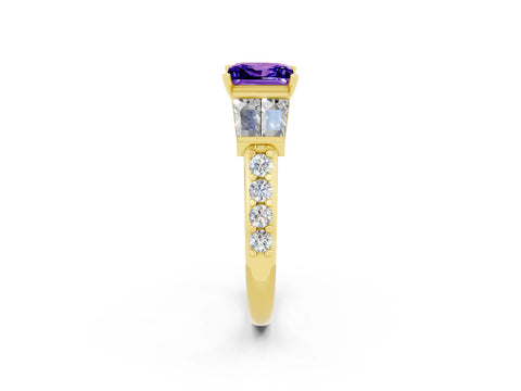 Yellow gold Princess Cut Tanzanite Engagement Ring with Baguette Side Stones and Channel Set Band_2