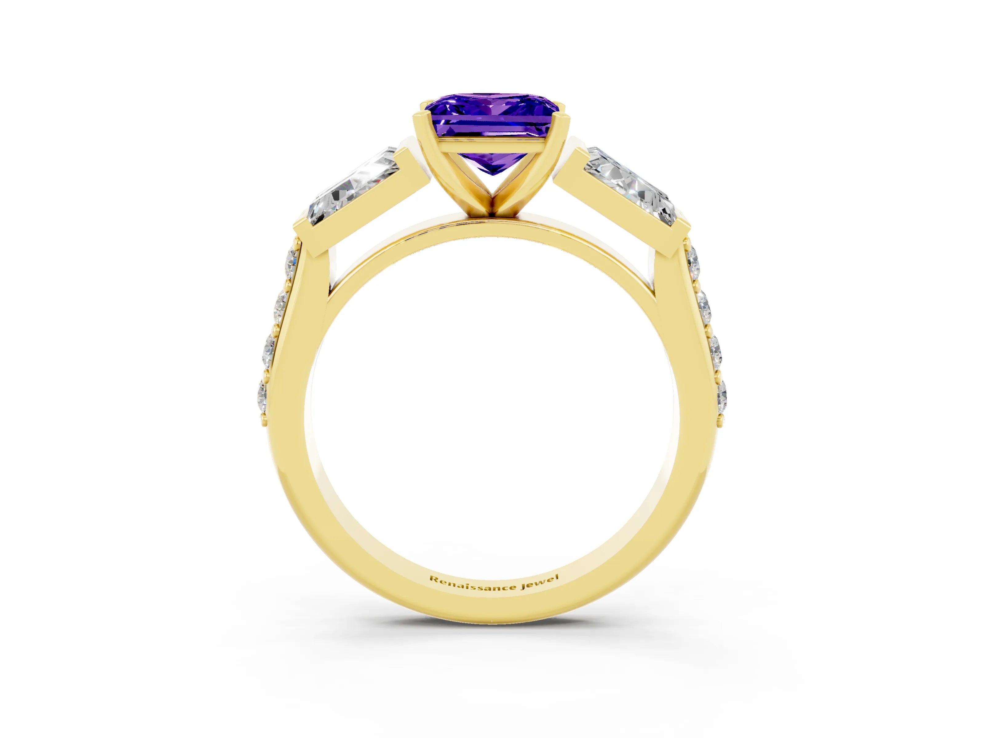 Yellow gold Princess Cut Tanzanite Engagement Ring with Baguette Side Stones and Channel Set Band_3