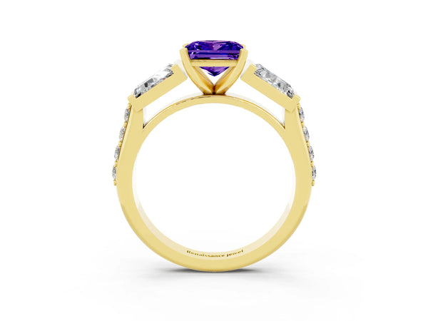 Yellow gold Princess Cut Tanzanite Engagement Ring with Baguette Side Stones and Channel Set Band