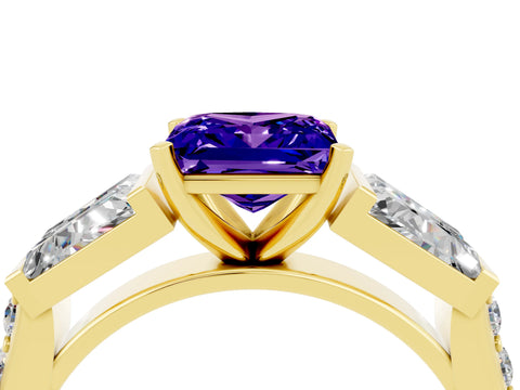 Yellow gold Princess Cut Tanzanite Engagement Ring with Baguette Side Stones and Channel Set Band_4