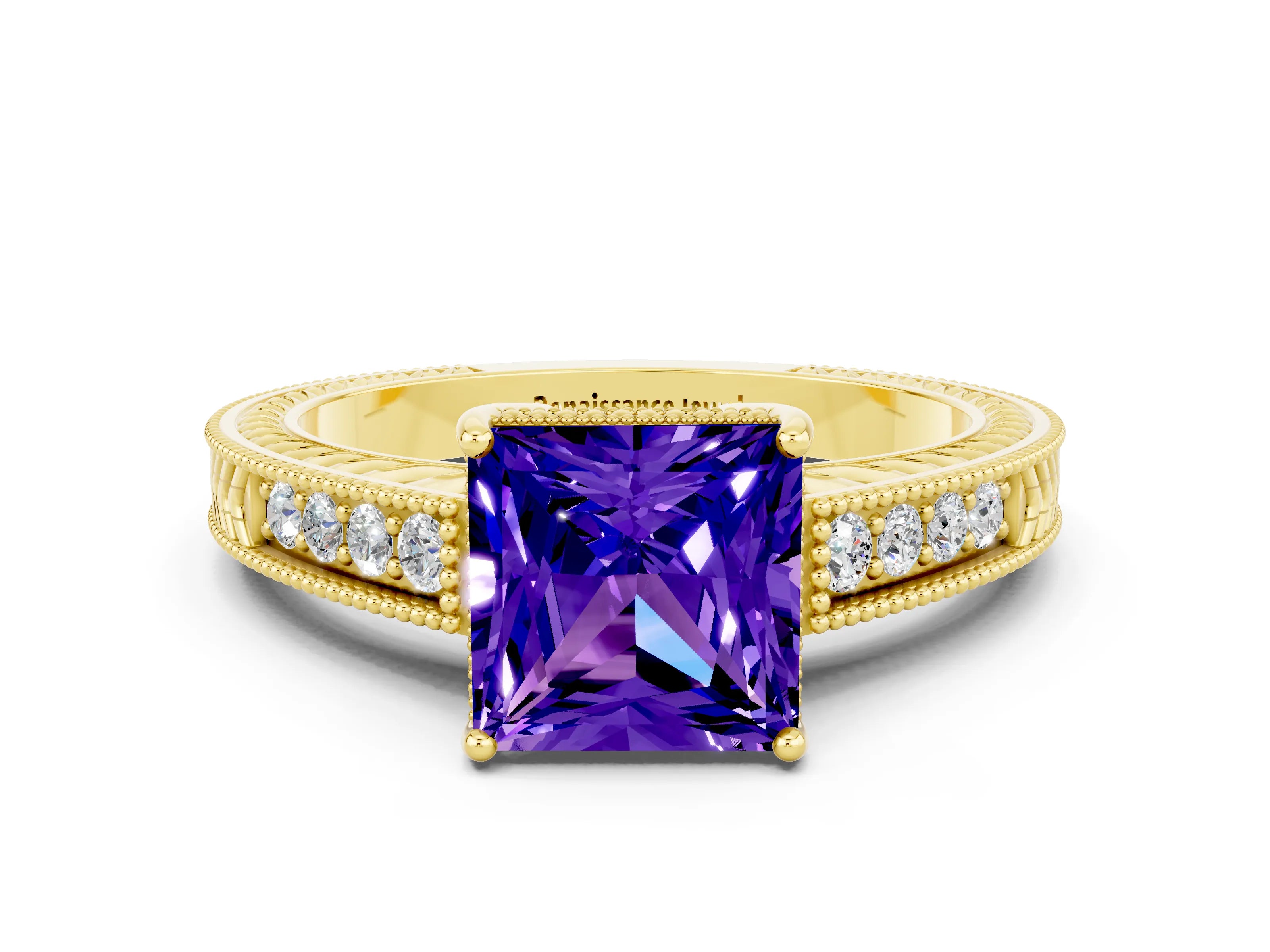 Yellow gold Princess Cut Tanzanite Engagement Ring with Milgrain Channel Set Band and Prong Setting