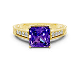 Yellow gold Princess Cut Tanzanite Engagement Ring with Milgrain Channel Set Band and Prong Setting