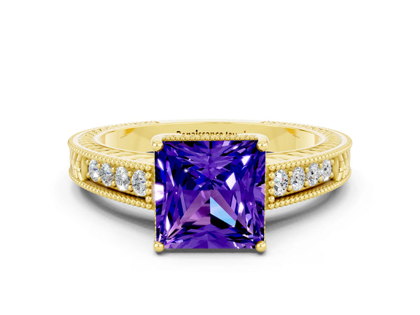 Yellow gold Princess Cut Tanzanite Engagement Ring with Milgrain Channel Set Band and Prong Setting