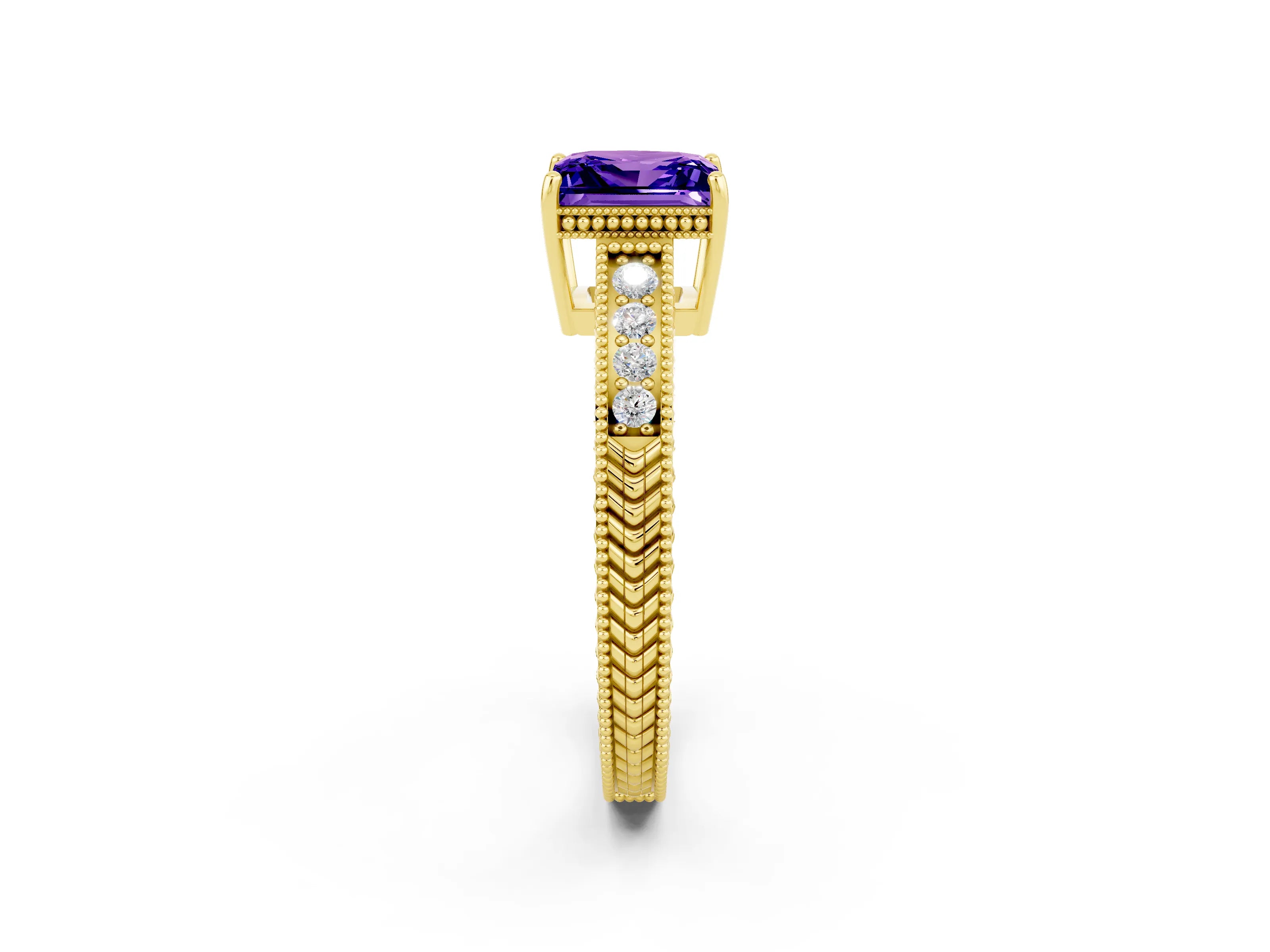 Yellow gold Princess Cut Tanzanite Engagement Ring with Milgrain Channel Set Band and Prong Setting_2