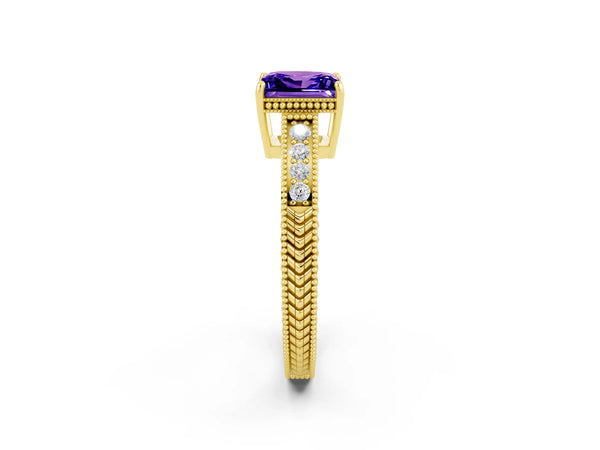 Yellow gold Princess Cut Tanzanite Engagement Ring with Milgrain Channel Set Band and Prong Setting