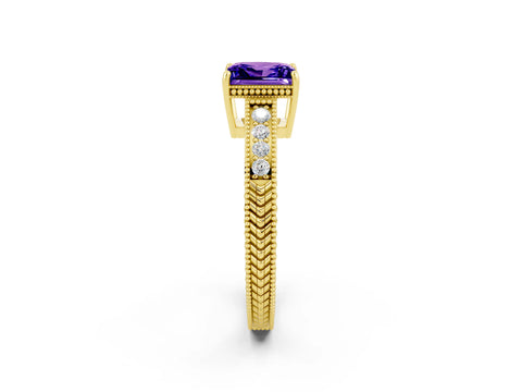 Yellow gold Princess Cut Tanzanite Engagement Ring with Milgrain Channel Set Band and Prong Setting_2