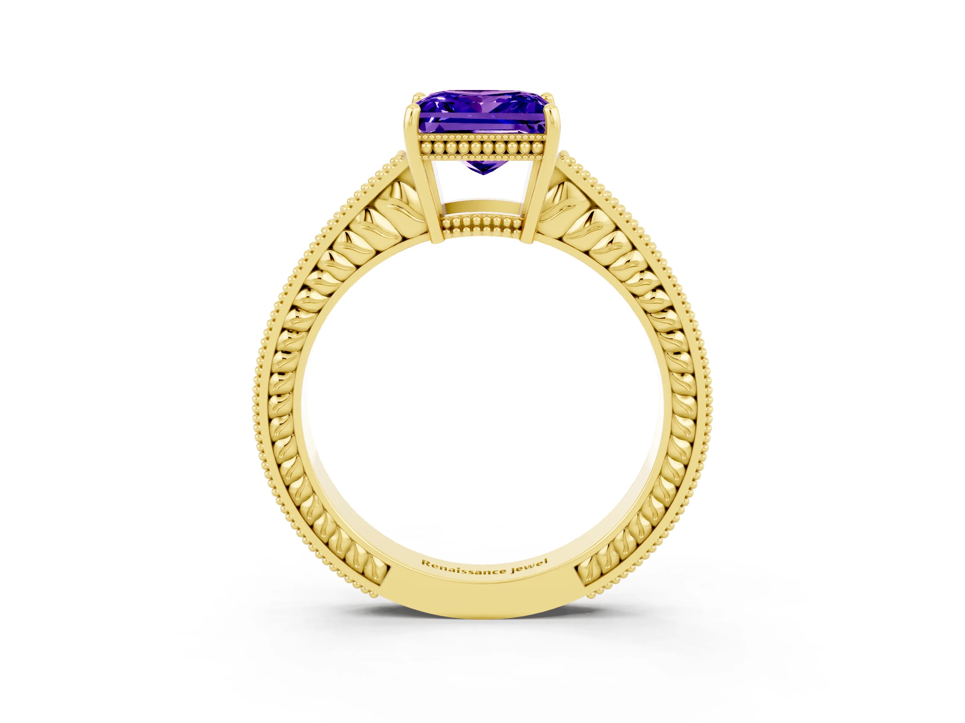 Yellow gold Princess Cut Tanzanite Engagement Ring with Milgrain Channel Set Band and Prong Setting_3
