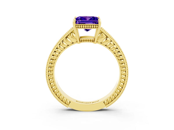 Yellow gold Princess Cut Tanzanite Engagement Ring with Milgrain Channel Set Band and Prong Setting