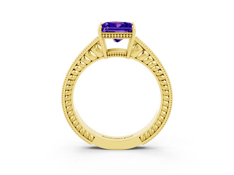 Yellow gold Princess Cut Tanzanite Engagement Ring with Milgrain Channel Set Band and Prong Setting_3