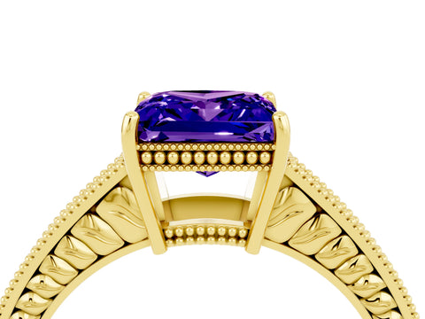 Yellow gold Princess Cut Tanzanite Engagement Ring with Milgrain Channel Set Band and Prong Setting_4