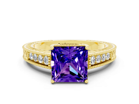 Yellow gold Princess Cut Tanzanite Engagement Ring with Milgrain Channel Set Band and Prong Setting