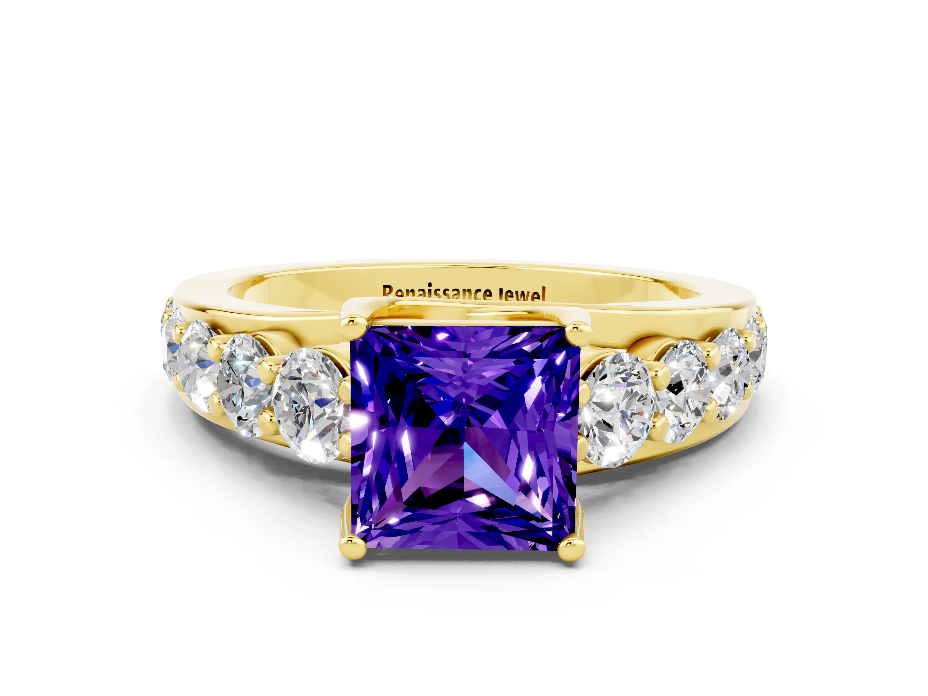 Yellow gold Princess Cut Tanzanite Engagement Ring with Pavé Band and Four-Prong Setting