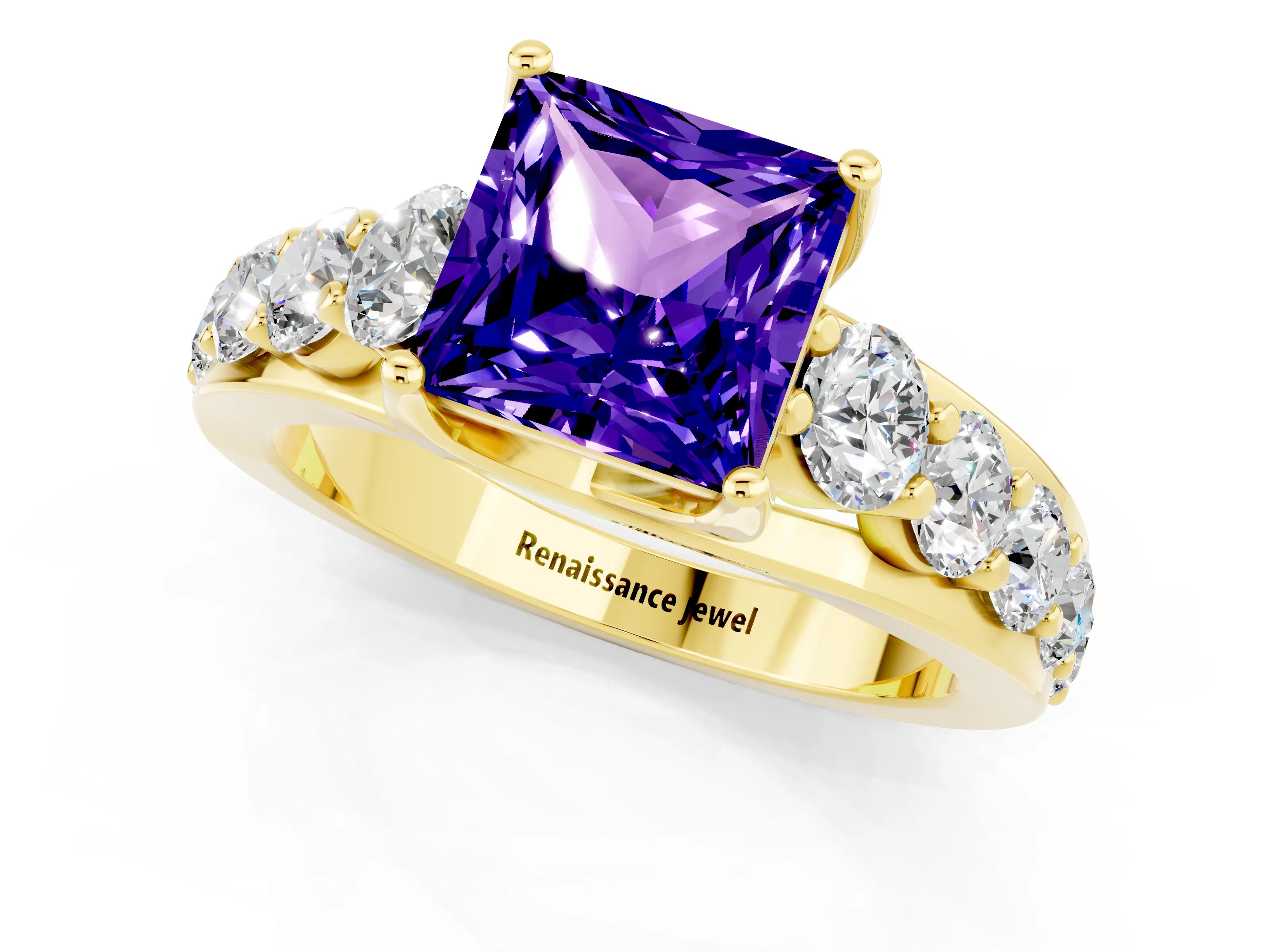 Yellow gold Princess Cut Tanzanite Engagement Ring with Pavé Band and Four-Prong Setting_1