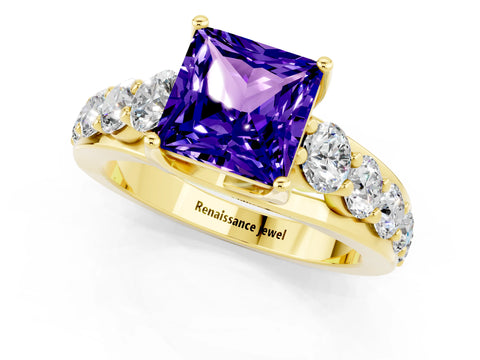 Yellow gold Princess Cut Tanzanite Engagement Ring with Pavé Band and Four-Prong Setting_1