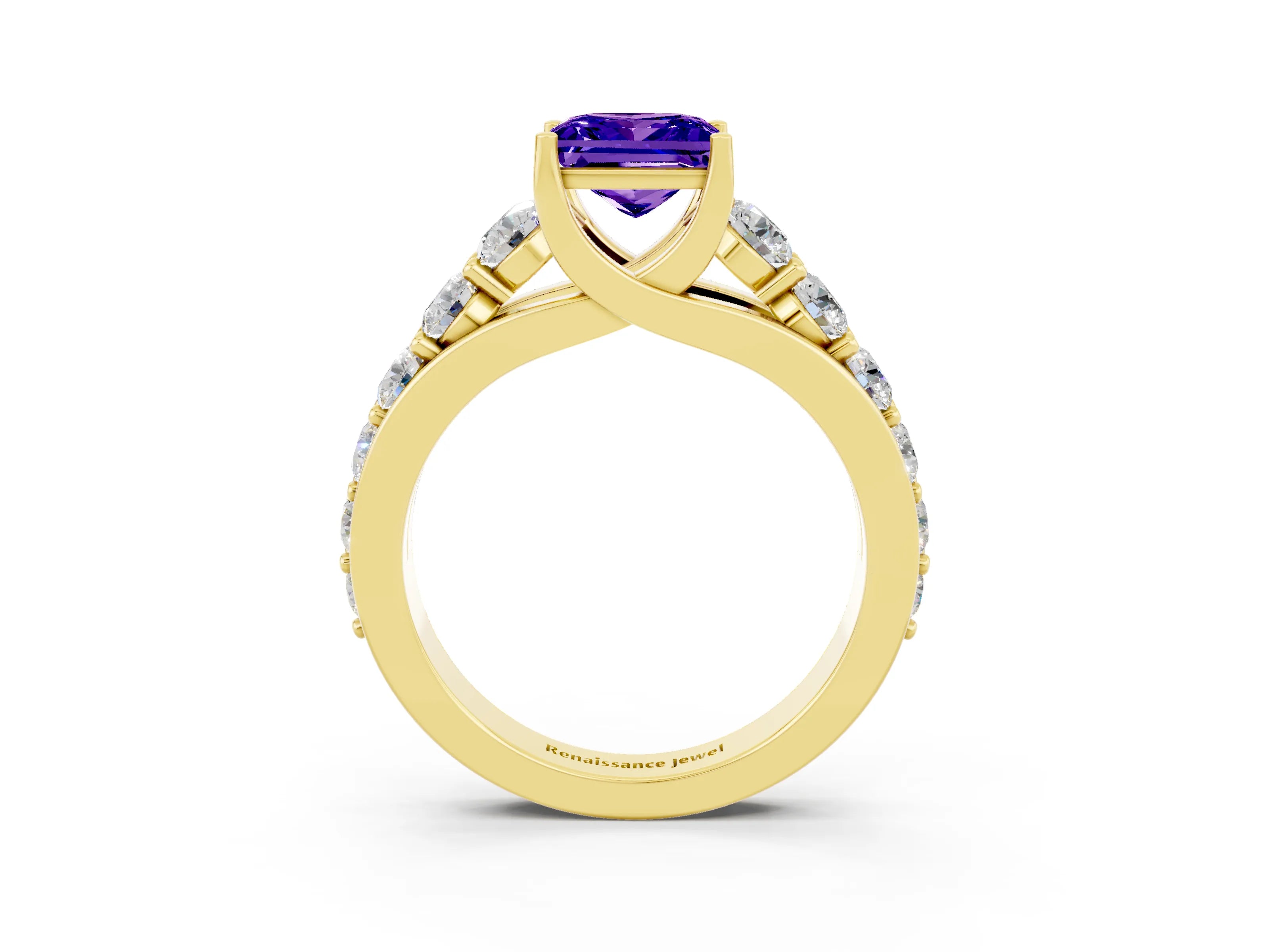 Yellow gold Princess Cut Tanzanite Engagement Ring with Pavé Band and Four-Prong Setting_3