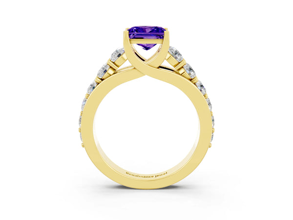 Yellow gold Princess Cut Tanzanite Engagement Ring with Pavé Band and Four-Prong Setting