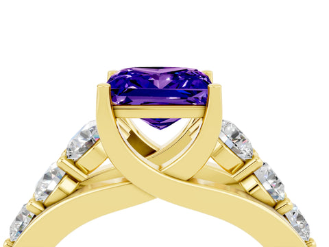Yellow gold Princess Cut Tanzanite Engagement Ring with Pavé Band and Four-Prong Setting_4