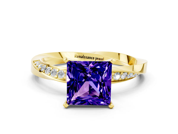 Yellow gold Princess Cut Tanzanite Engagement Ring with Side Stone Accents and Four-Prong Setting