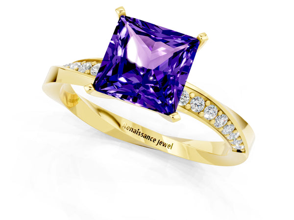Yellow gold Princess Cut Tanzanite Engagement Ring with Side Stone Accents and Four-Prong Setting