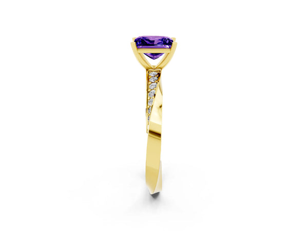 Yellow gold Princess Cut Tanzanite Engagement Ring with Side Stone Accents and Four-Prong Setting