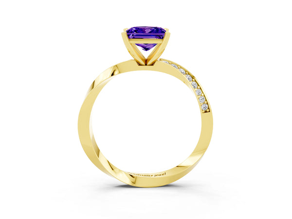 Yellow gold Princess Cut Tanzanite Engagement Ring with Side Stone Accents and Four-Prong Setting