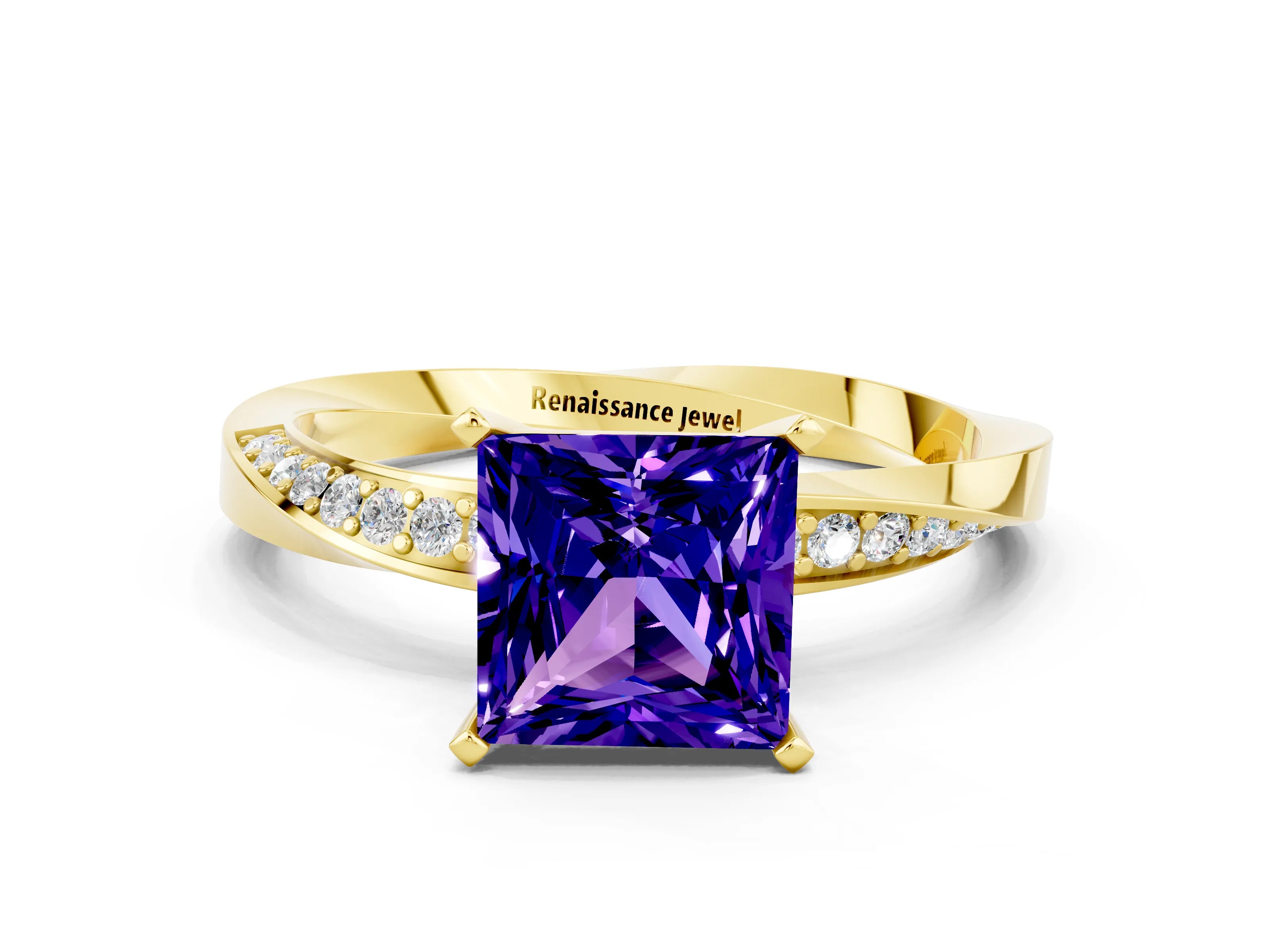 Yellow gold Princess Cut Tanzanite Engagement Ring with Side Stone Accents and Four-Prong Setting_39