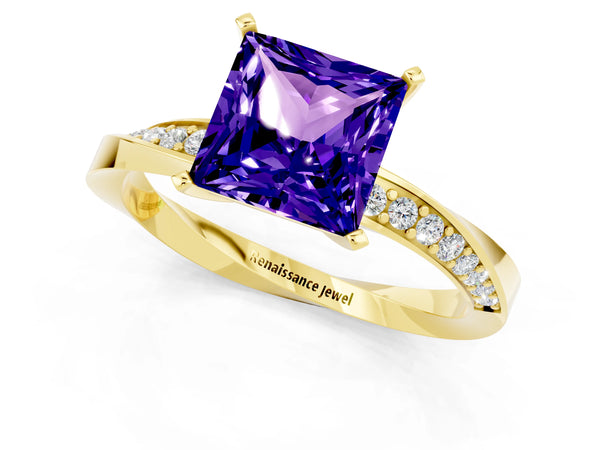Yellow gold Princess Cut Tanzanite Engagement Ring with Side Stone Accents and Four-Prong Setting