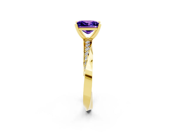 Yellow gold Princess Cut Tanzanite Engagement Ring with Side Stone Accents and Four-Prong Setting