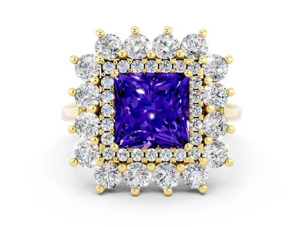 Yellow gold Princess Cut Tanzanite Floral Double Halo Engagement Ring with Prong Setting