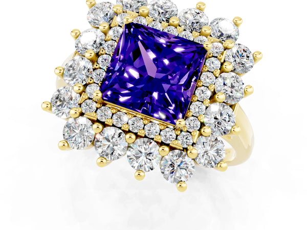 Yellow gold Princess Cut Tanzanite Floral Double Halo Engagement Ring with Prong Setting