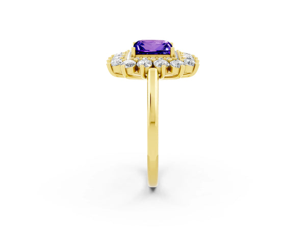 Yellow gold Princess Cut Tanzanite Floral Double Halo Engagement Ring with Prong Setting