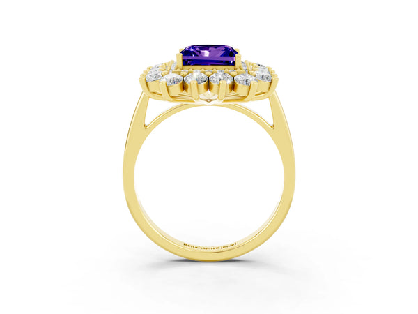 Yellow gold Princess Cut Tanzanite Floral Double Halo Engagement Ring with Prong Setting