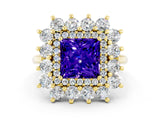 Yellow gold Princess Cut Tanzanite Floral Double Halo Engagement Ring with Prong Setting_60