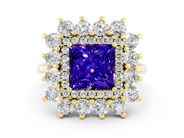 Yellow gold Princess Cut Tanzanite Floral Double Halo Engagement Ring with Prong Setting
