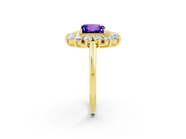 Yellow gold Princess Cut Tanzanite Floral Double Halo Engagement Ring with Prong Setting