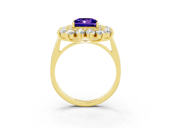 Yellow gold Princess Cut Tanzanite Floral Double Halo Engagement Ring with Prong Setting