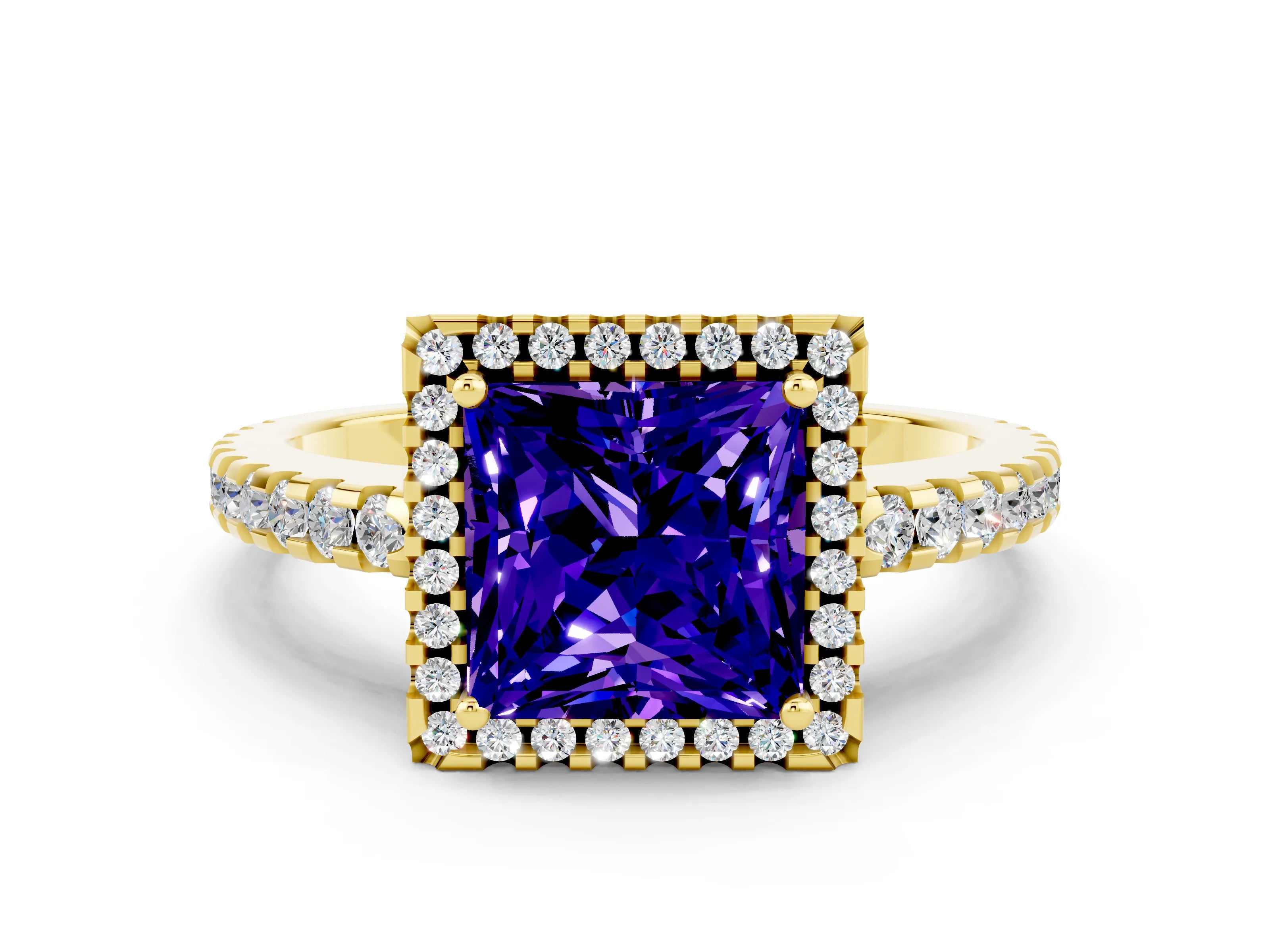 Yellow gold Princess Cut Tanzanite Halo Engagement Ring with Pavé Band and Prong Setting_12