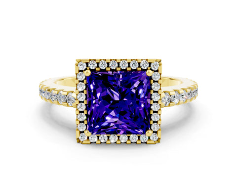 Yellow gold Princess Cut Tanzanite Halo Engagement Ring with Pavé Band and Prong Setting_12