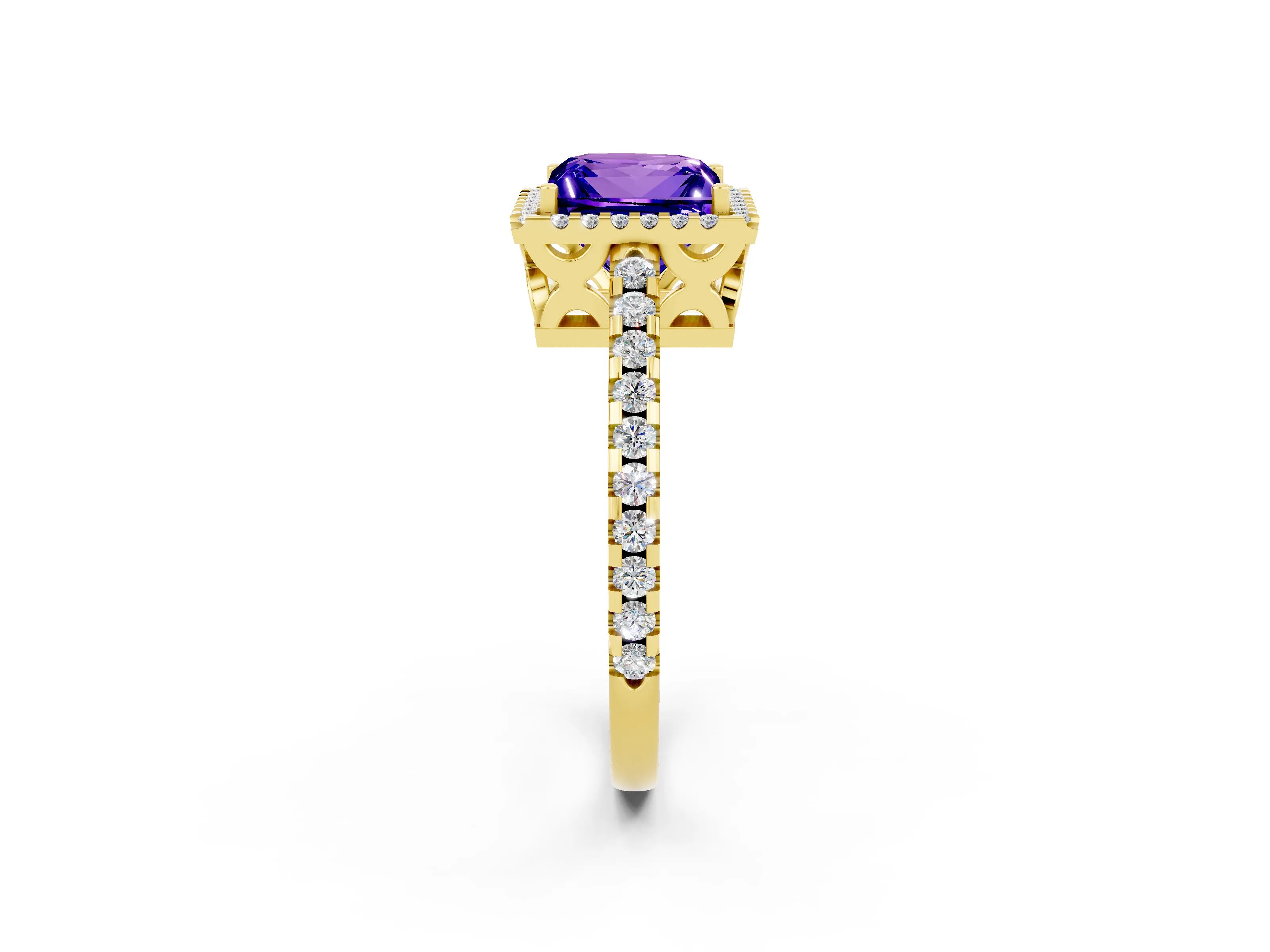 Yellow gold Princess Cut Tanzanite Halo Engagement Ring with Pavé Band and Prong Setting_14