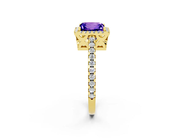 Yellow gold Princess Cut Tanzanite Halo Engagement Ring with Pavé Band and Prong Setting