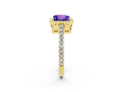 Yellow gold Princess Cut Tanzanite Halo Engagement Ring with Pavé Band and Prong Setting_14