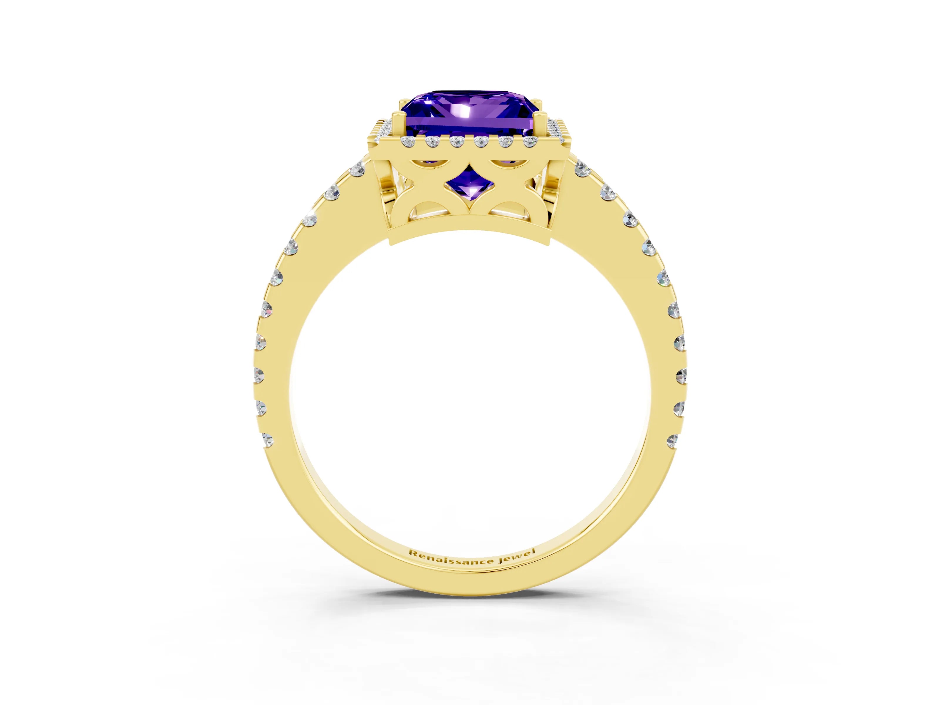 Yellow gold Princess Cut Tanzanite Halo Engagement Ring with Pavé Band and Prong Setting_15