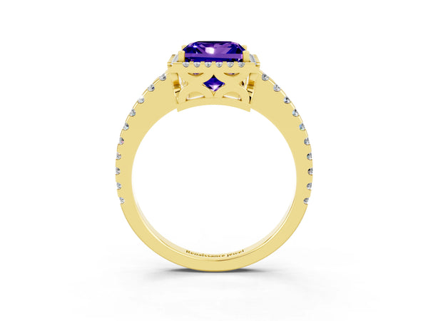 Yellow gold Princess Cut Tanzanite Halo Engagement Ring with Pavé Band and Prong Setting