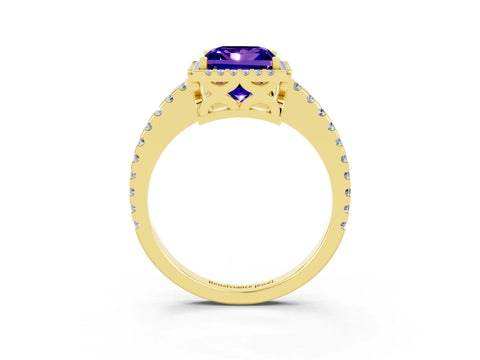 Yellow gold Princess Cut Tanzanite Halo Engagement Ring with Pavé Band and Prong Setting_15