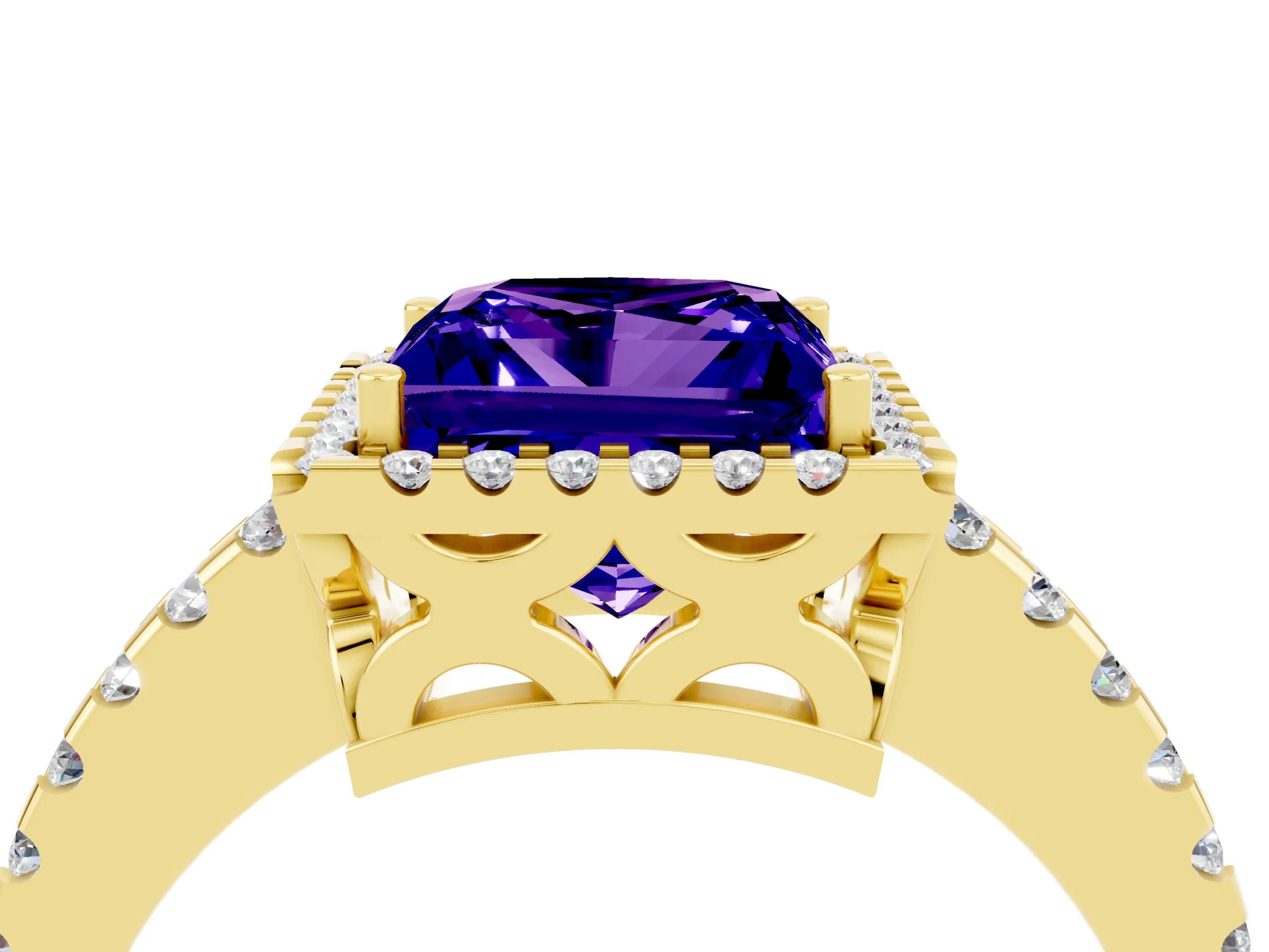 Yellow gold Princess Cut Tanzanite Halo Engagement Ring with Pavé Band and Prong Setting_16