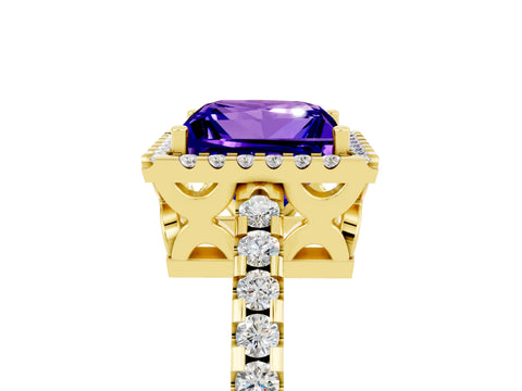 Yellow gold Princess Cut Tanzanite Halo Engagement Ring with Pavé Band and Prong Setting_17