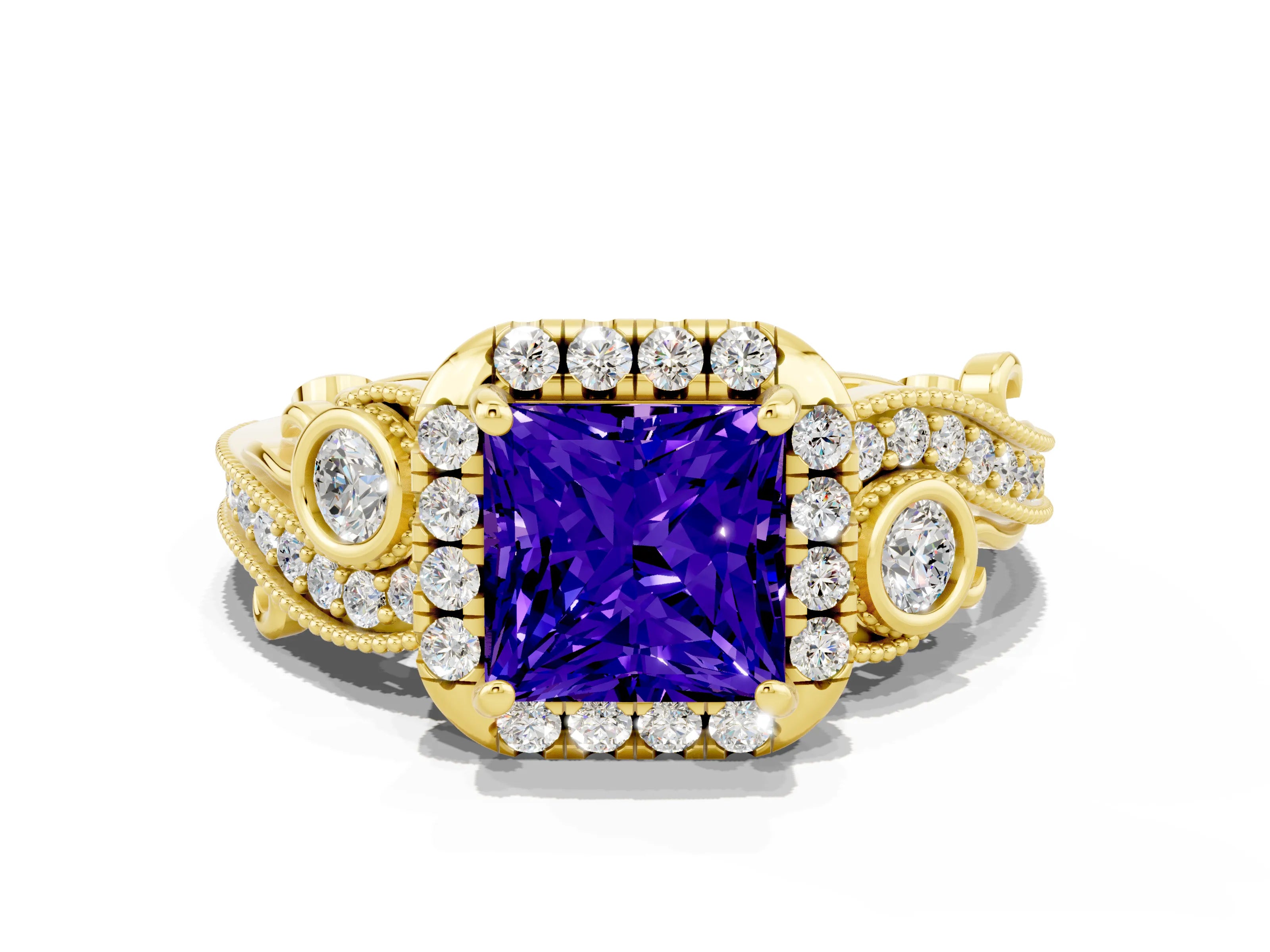 Yellow gold Princess Cut Tanzanite Halo Ring with Milgrain Pavé Band and Four-Prong Setting_12