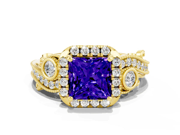 Yellow gold Princess Cut Tanzanite Halo Ring with Milgrain Pavé Band and Four-Prong Setting
